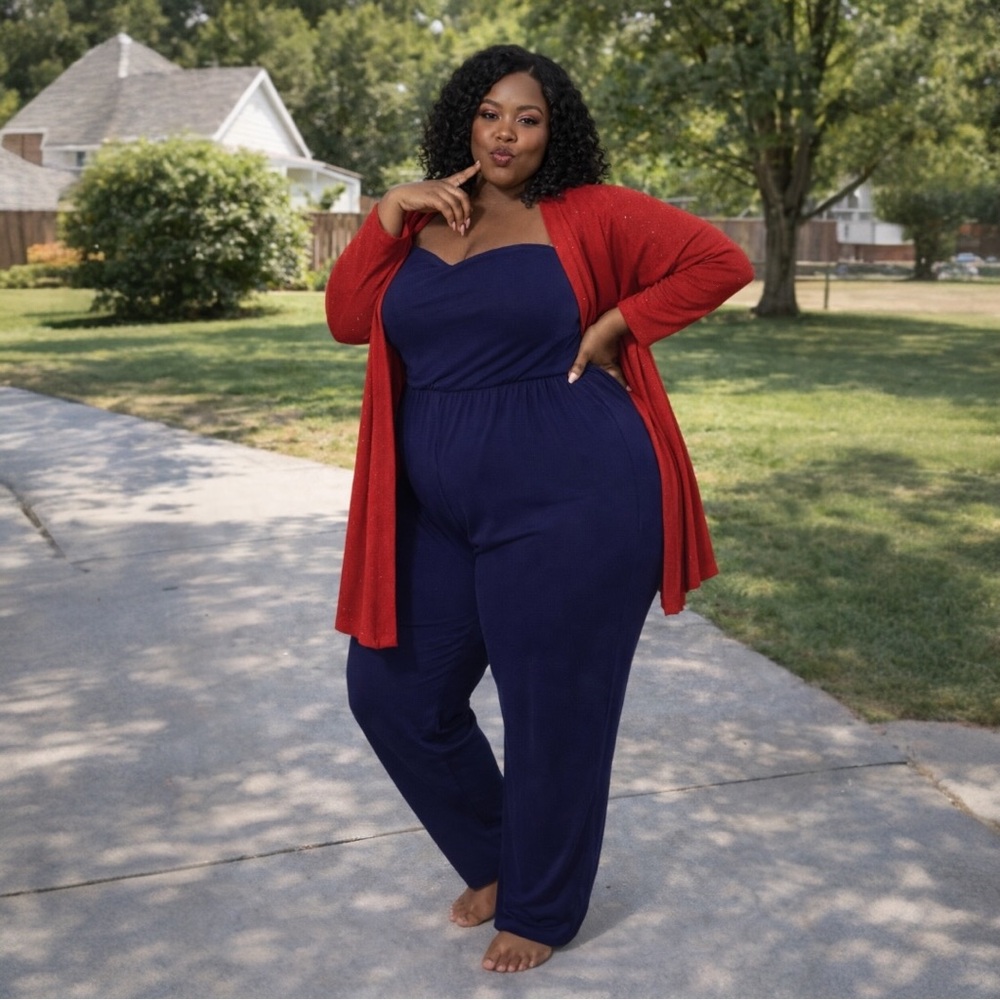 Lane Bryant Navy Strapless Jumpsuit with Red Cardigan